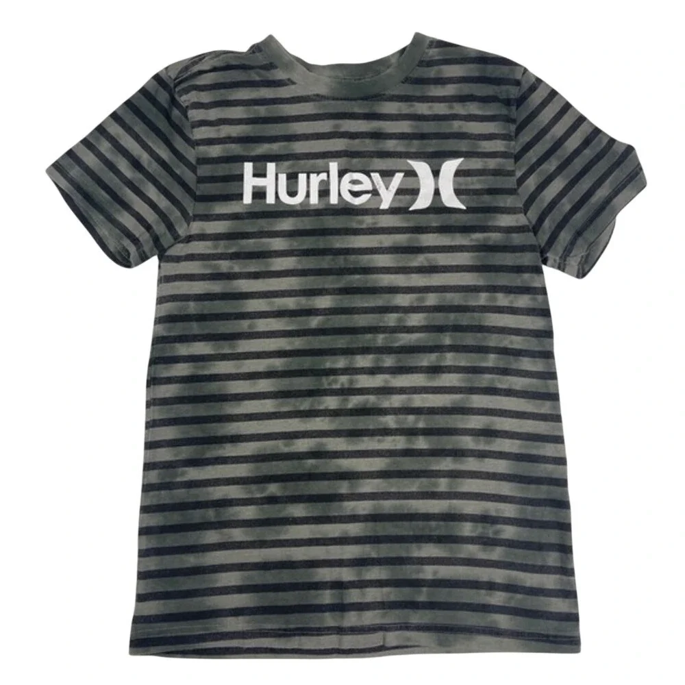 Hurley Boys Striped T Shirt Army Green Black‎ Short Sleeve Casual Top L